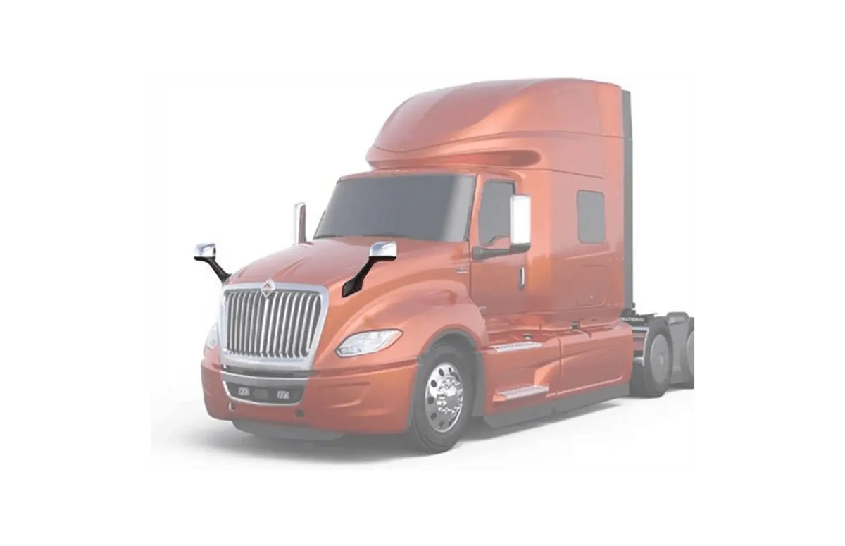KOZAK Chrome Hood Mirror Pair (Passenger Right and Driver Left Side) compatible with International LT625 Trucks PLUS International Logo, Windshield Wipers, Frame License Plate and KOZAK Vest