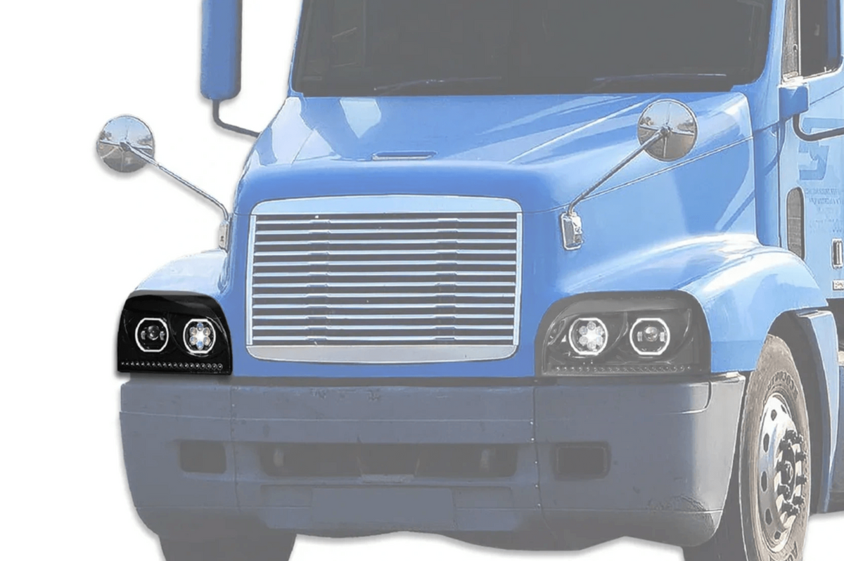 KOZAK Headlight Black Dual Halo Projector LED 12V Passenger Right Side For Freightliner Century 1996-2010 PLUS Logo, 2x 22" Wipers, KOZAK Vest