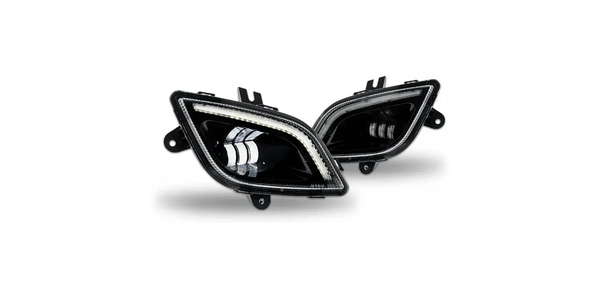 KOZAK Chrome STEEL 16" Bumper with Fog Lamp Hole + LED Fog Light Lamp Set with Halo Ring DLR Black for New Freightliner Cascadia 2018+ PLUS Logo, 2x 22" Windshield Wipers, License Plate Frame and Vest