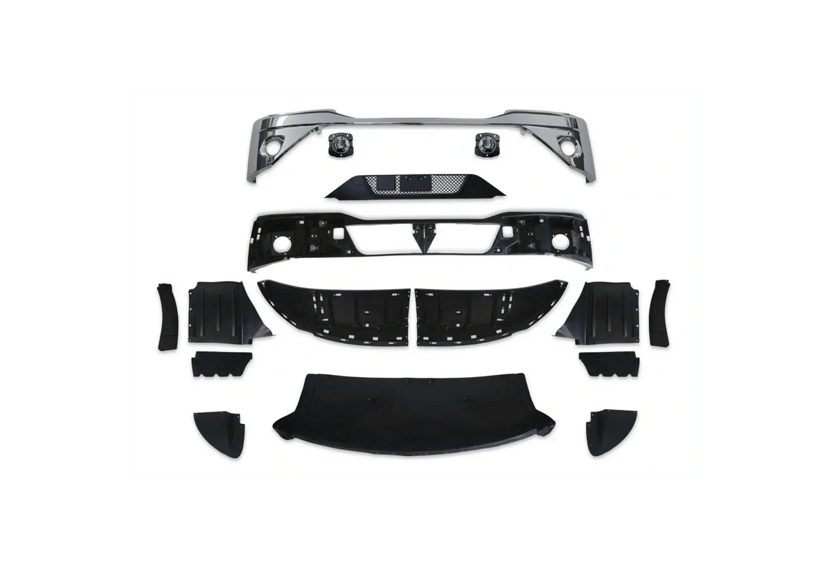 Kozak Chrome BUMPER with FOG LAMP HOLE + LED Fog Light- Pair Set (Left and Right Side) for KENWORTH T680 NEXT GEN 2022 2023+ PLUS Kenworth Logo, 2x22" Windshield Wipers and KOZAK Reflective Vest