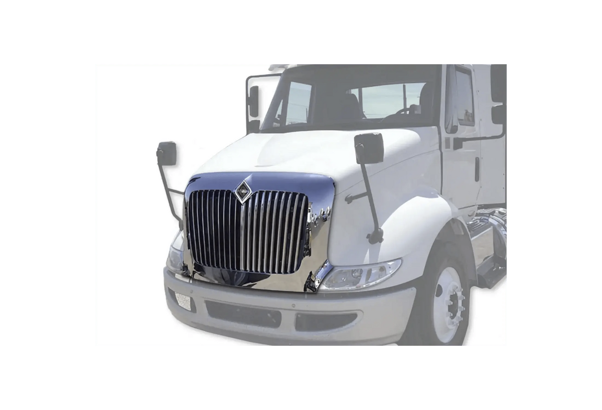 KOZAK Chrome Grille Assembly with Bug Net Screen For International 8600 Transtar Truck 2005 and newer PLUS International Logo, 2x22 inch Windshield wipers, License Plate Frame and KOZAK Vest