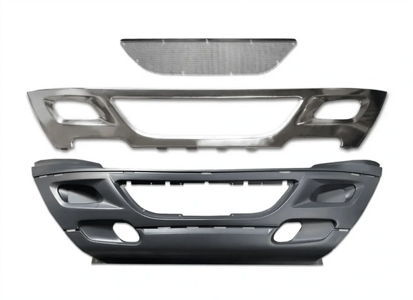 KOZAK PLASTIC Bumper SET wiht Chrome Trim: Center Bumper Cover and End Corner Extension PAIR (Left Driver and Right Passenger Side) for International Prostar 2008-2015 PLUS Logo, Wipers, License Plate Frame and Vest