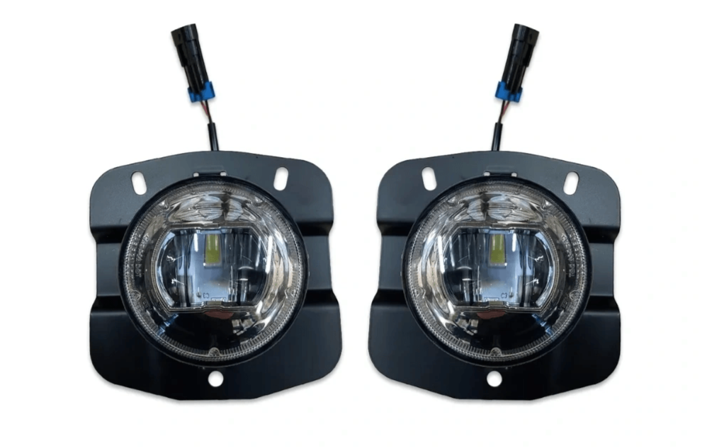 Kozak PLASTIC Bumper Corners with fog light hole and LED Fog Light Set - (Driver Left & Passenger Right Side) Pair For Kenworth T680 PLUS Logo, 2x 22" Windshield wipers, License Plate Frame and Vest