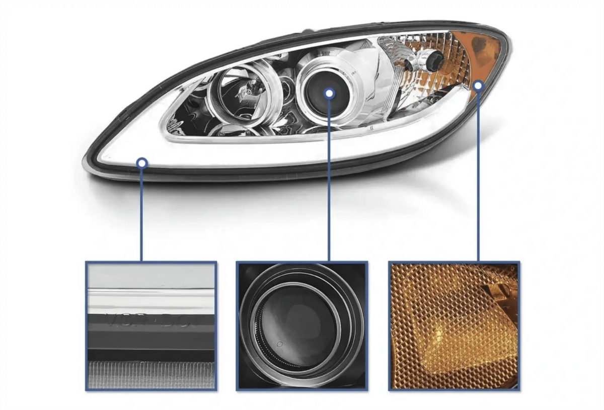 KOZAK Replacement Chrome Projector Headlight with Glow LED bar (Driver Left Side) For International ProStar 2008-2016 PLUS Logo, Wipers, 2x H1, 2x H7 LED Bulbs, Frame License Plate and Vest