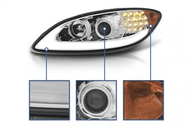 KOZAK Replacement Chrome LED DRL Glow Bar LED Turn Signal Projector Headlights Pair for International ProStar 2008-2016 PLUS Logo, Wipers, 2x H1, 2x H7 LED Bulbs, Frame License Plate and Vest