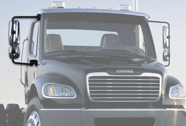 KOZAK Chrome Door Mirror Assembly with Arm Right Passenger For Freightliner Columbia M2 Semi Truck PLUS Freightliner Logo, 2x22" Windshield wipers and KOZAK Reflective Vest